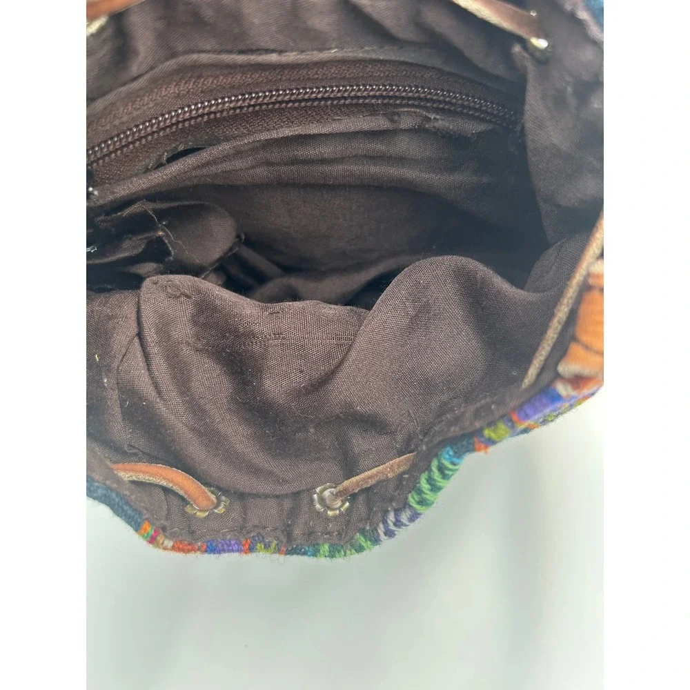 Boho Leather Woven Textile Bucket Bag Crossbody Drawstring Tribal Pattern Brown